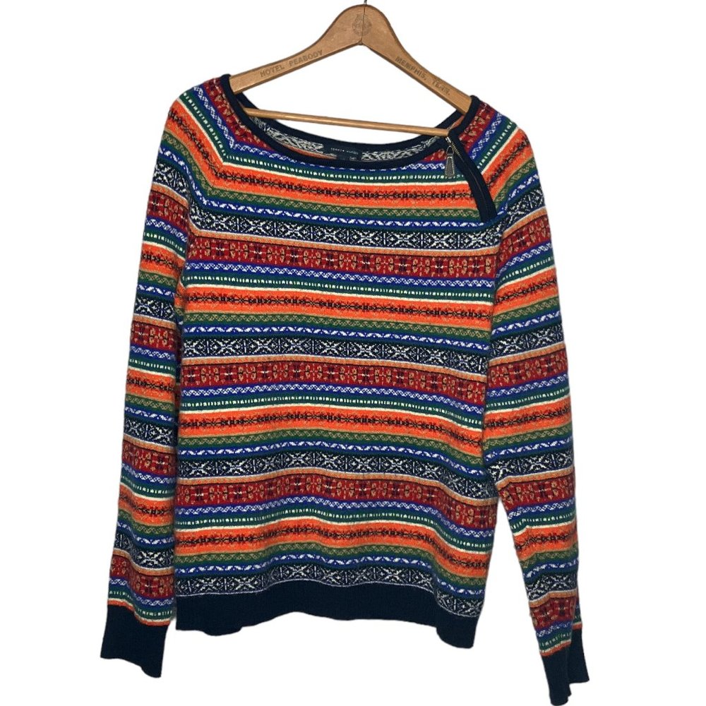 Tommy Hilfiger Large L Orange Navy Fair Isle Nordic Stripe Knit Pullover Sweater
